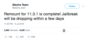 [Jailbreak News] iOS 11.3.1 Jailbreak Release "in a few days" - [Electra] Announcement